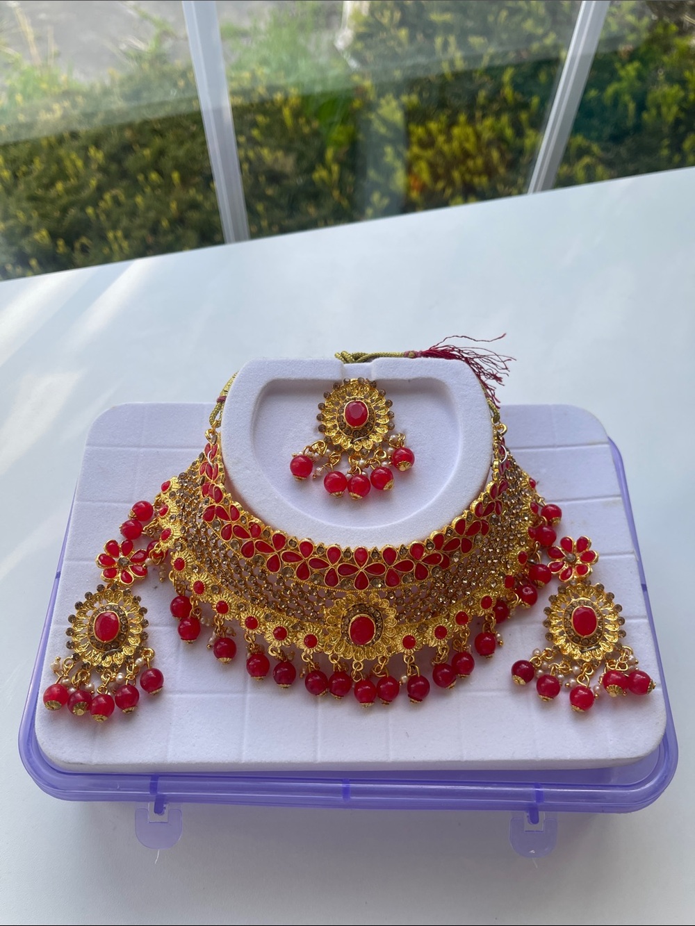 Red and Gold Bridal Choker Necklace Set - Elegant Traditional Women Jewelry